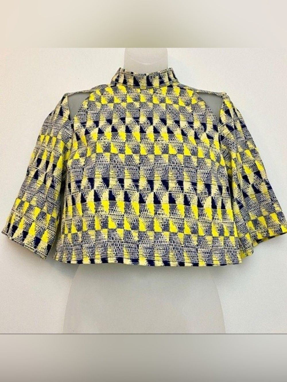 Mustard Seed Yellow Blue Geometric Crop Top Cutout Shoulder Mock Neck Size Small